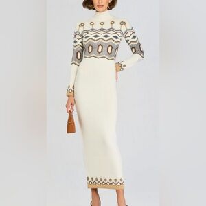 Retrofete Cream and Brown Geometric Knit Dress